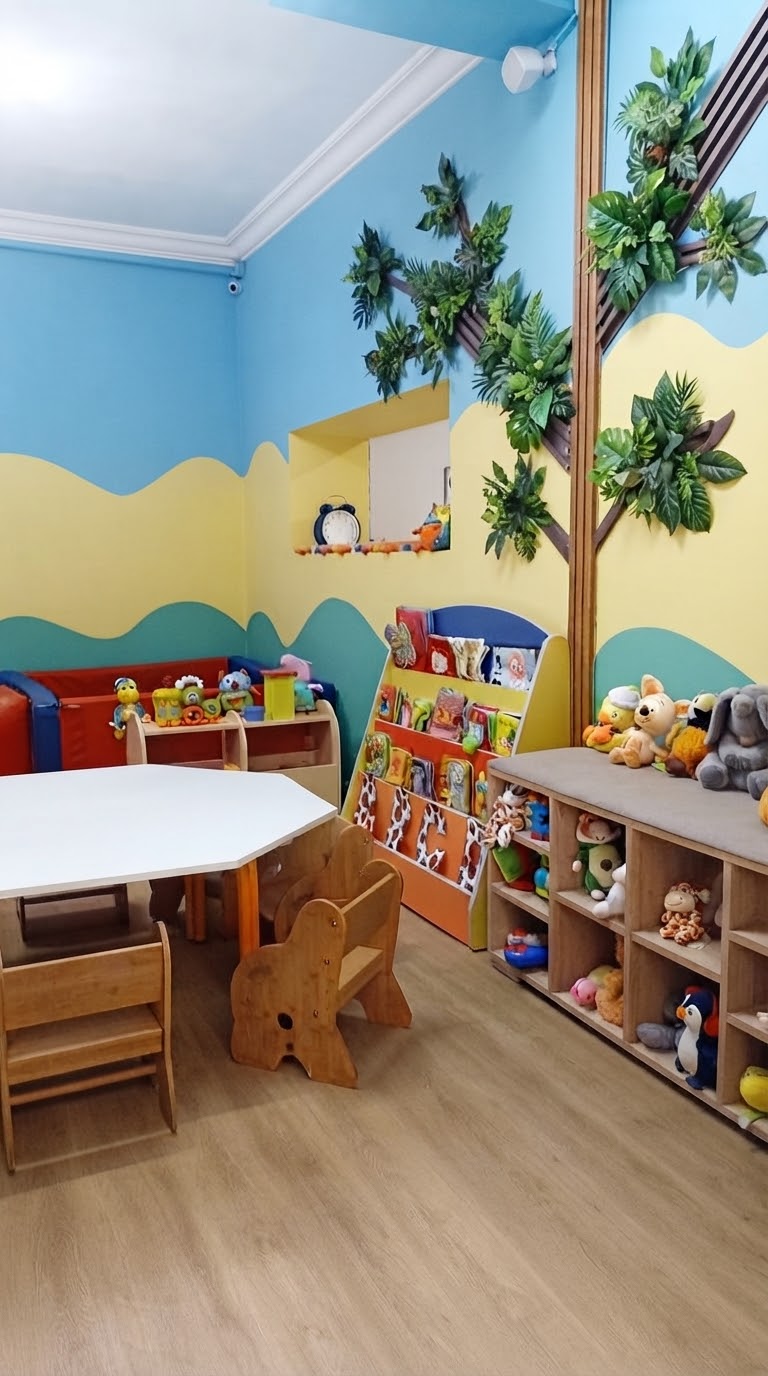 La salle d'activités de Kid's Corner : son arbre végétalisé, sa table hexagonale et son coin lecture