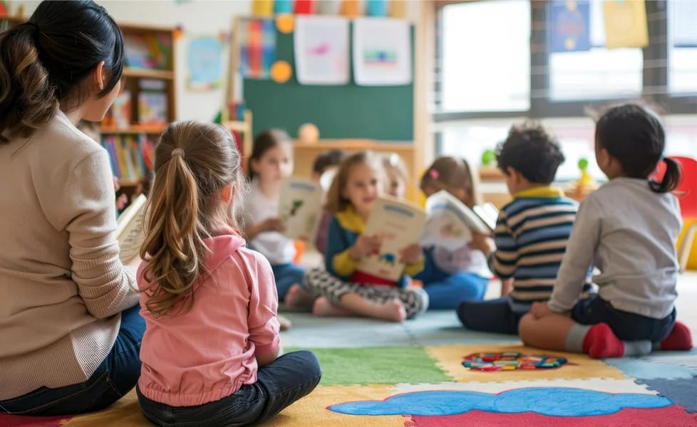 Un moment de lecture partagée, les enfants assis en cercle autour de l'adulte
